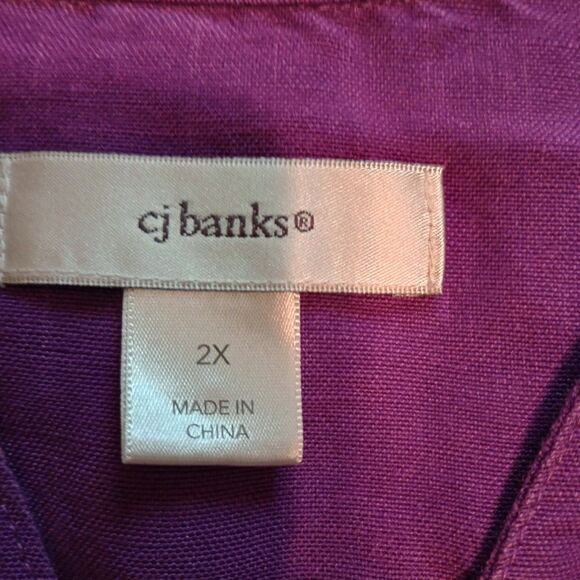 CJ Banks Linen Blend L/S Popover 2X Purple Roll tab Sleeve V-Neck - Picture 5 of 10